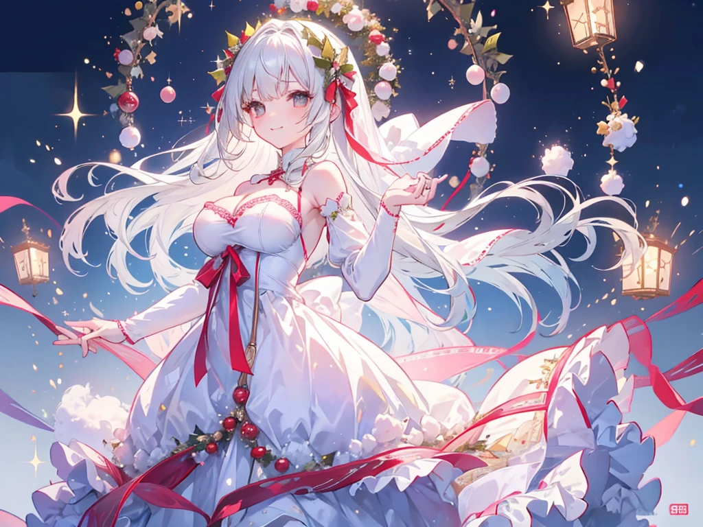 1人、Santa Girl、Christmas、nigh sky、Christmas tree、It's snowing、、Too large breasts、cleavage of the breast、white wedding dress and lace cape 、white  hair、Twin-tailed、Fluffy and soft long hair、A sparkling Christmas night、stele々shining brightly、A smile、Golden Eyes、European streets decorated for Christmas、A sexy、Transparent、wedding dress