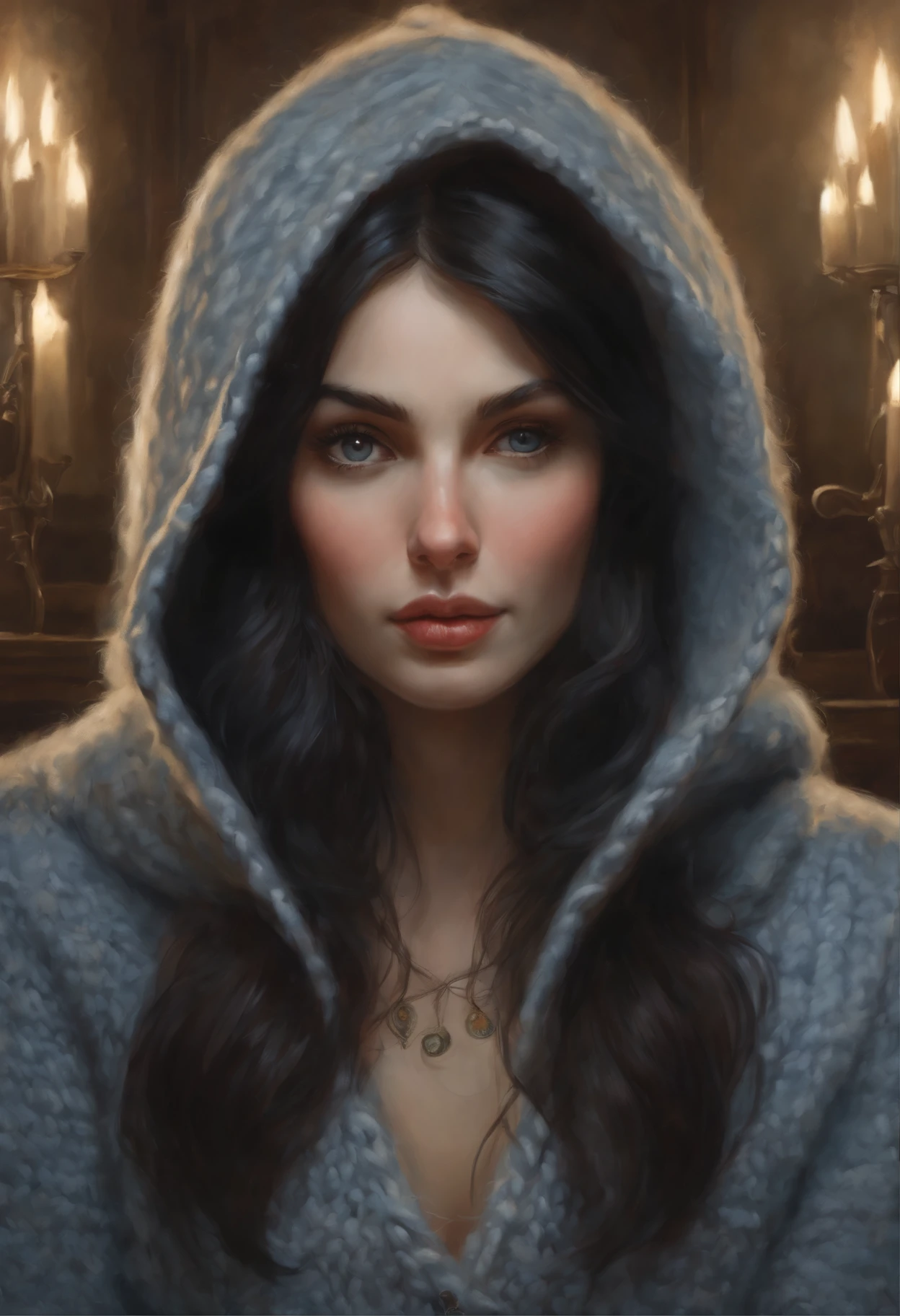 真实感, a painting, Fantastic tale, Christmas style, John Tolkien style, Small painting by Jean-Baptiste Monge, Portrait of a rocker girl with black straight hair, pouring from under the hood, with soft functions, Soft features of a rocker girl, With light makeup, dark pink lips, lip shape thin lips,"curved eyebrows in the shape of Engriberts, blue eyes, heavy-lidded eye shape, in a knitted hood, black straight hair sticks out from under a knitted hood, sitting, Cross-legged, in a big soft chair, Cross-legged, near the Christmas tree, There's a fireplace burning in the background, Wearing trousers, In a knitted lilac-blue sweater with a hood.., Human Hand, Very clear without flaws with five fingers, mischievous character, Christmas tree, Gifts, Jean-Baptiste Monge, anthropomorphic --ar 2:3 --testp -optimistic;