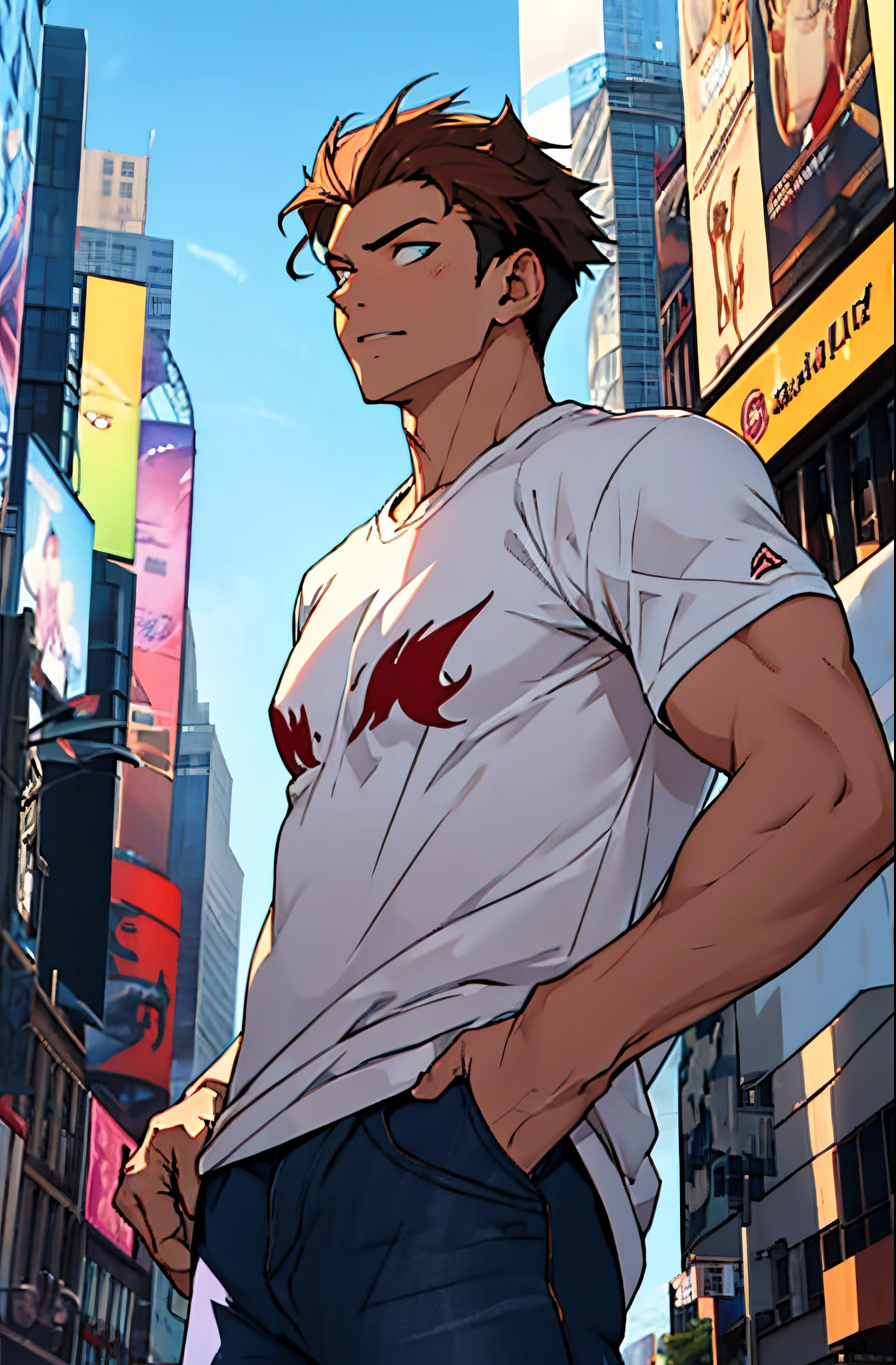 A mais alta qualidade, no meio de uma avenida movimentada estilo Times Square, inverno, apoiado em um dos postes, adolecente, lion men, wearing a T-shirt  , masculo, chest a little tight in the jacket, (angulo de baixo), pernas definidas, defined arms, abdomen definido, com a camisa,