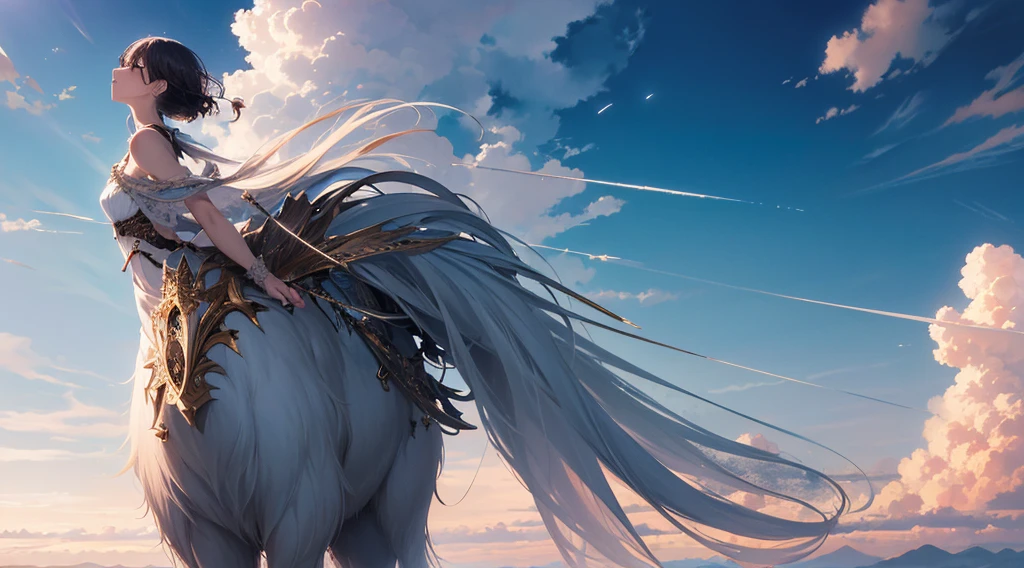 absurdres, highres, (official art, beautiful and aesthetic:1.2), close view, shining sky, vast world, girl, gazing, awe-inspiring expression, distant horizon, clouds, high hill, natural beauty, inspiration, light effects,