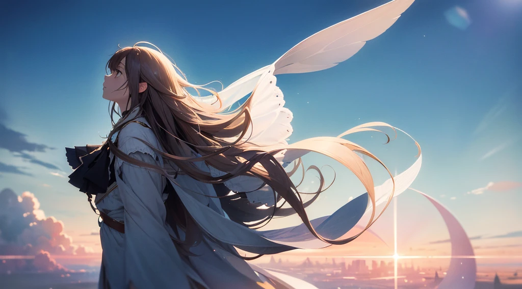 absurdres, highres, (official art, beautiful and aesthetic:1.2), close view, shining sky, vast world, girl, gazing, awe-inspiring expression, distant horizon, clouds, high hill, natural beauty, inspiration, light effects,
