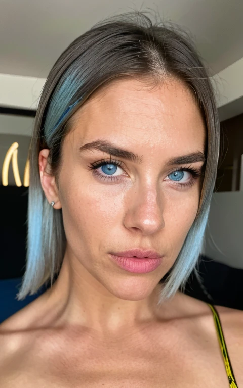 Photorealistic, Best Quality, hyper detailed, a closeup of a, Portrait, looking a viewer, Head straight towards the camera ,better shadow ,beautiful sexy fitness girl, 21 old years, young girl, blue eyes, symmetrical beautiful face, Blue hair, Almond eye , full lips , hairsh, Knotted back
