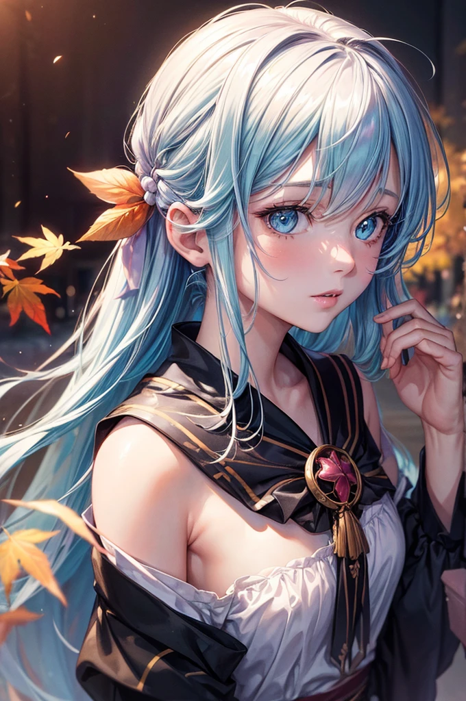 (8K, Best Quality, masutepiece:1.2),(Best Quality:1.0), (超A high resolution:1.0), watercolor paiting, Beautuful Women, Shoulder, Hair ribbons, agnes cecile, Half Body Portrait, extremely luminous bright design, Pastel colors, (inky:1.3), autumn lights,