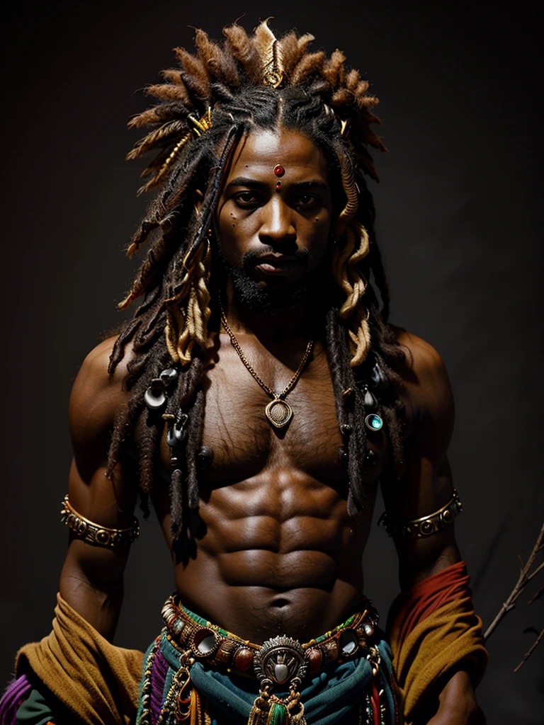 Um poderoso muscoloso rastafari feiticeiro negro africano, realizando um boneco voodoo.