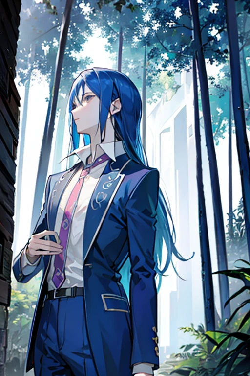 A tall blue haired man with silver eyes and long hair is standing in the woods.