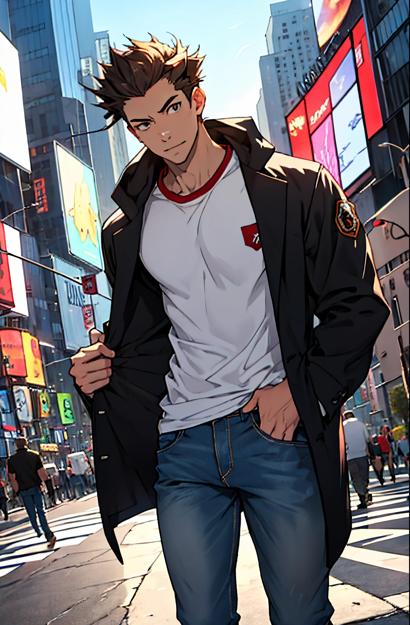 A mais alta qualidade, no meio de uma avenida movimentada estilo Times Square, inverno, apoiado em um dos postes, Hands in pants pockets , adolecente, lion men, wearing a T-shirt  , masculo, chest a little tight in the jacket, (angulo de baixo), pernas definidas, defined arms, abdomen definido, com a camisa,