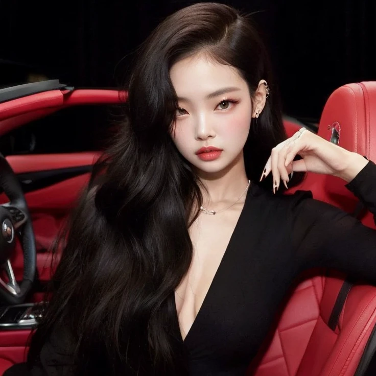 mulher araffe sentada em um carro vermelho com longos cabelos pretos, jennie blackpink, jossi do blackpink, Retrato de Jossi de Blackpink, Lalisa Manobal, Asian girl with long hair, com cabelos longos, Parque Ji-min, Ulzzang, Parque Roseanne do Blackpink, Gongbi, Mulher sul-coreana bonita, Jaeyeon Nam, Artista coreano