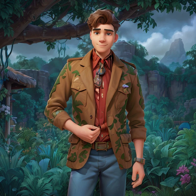 there is a man standing in a jungle garden, bolo tie, cloudy sky, background artwork, inspired by Nelson Alexander Ross, inspired by Max Magnus Norman, game illustration, promotional art, detailed game art, inspired by Augustus Earle, official character illustration, inspired by Milton Menasco, alex miranda, official illustration, official character art, inspired by Nicholas Marsicano, background art, game art