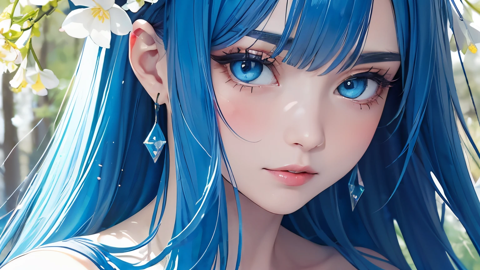 (best quality),(masterpiece:1.2), (colorful:0.9), (ink splashing),(color splashing),((watercolor)), clear sharp focus, model shot,, (portrait goddess of spring:1.5), cute expression,elegant blue colored hair, beautyfull detailed face and eyes, elegant goddess clothing, spring forest background,, colorwater