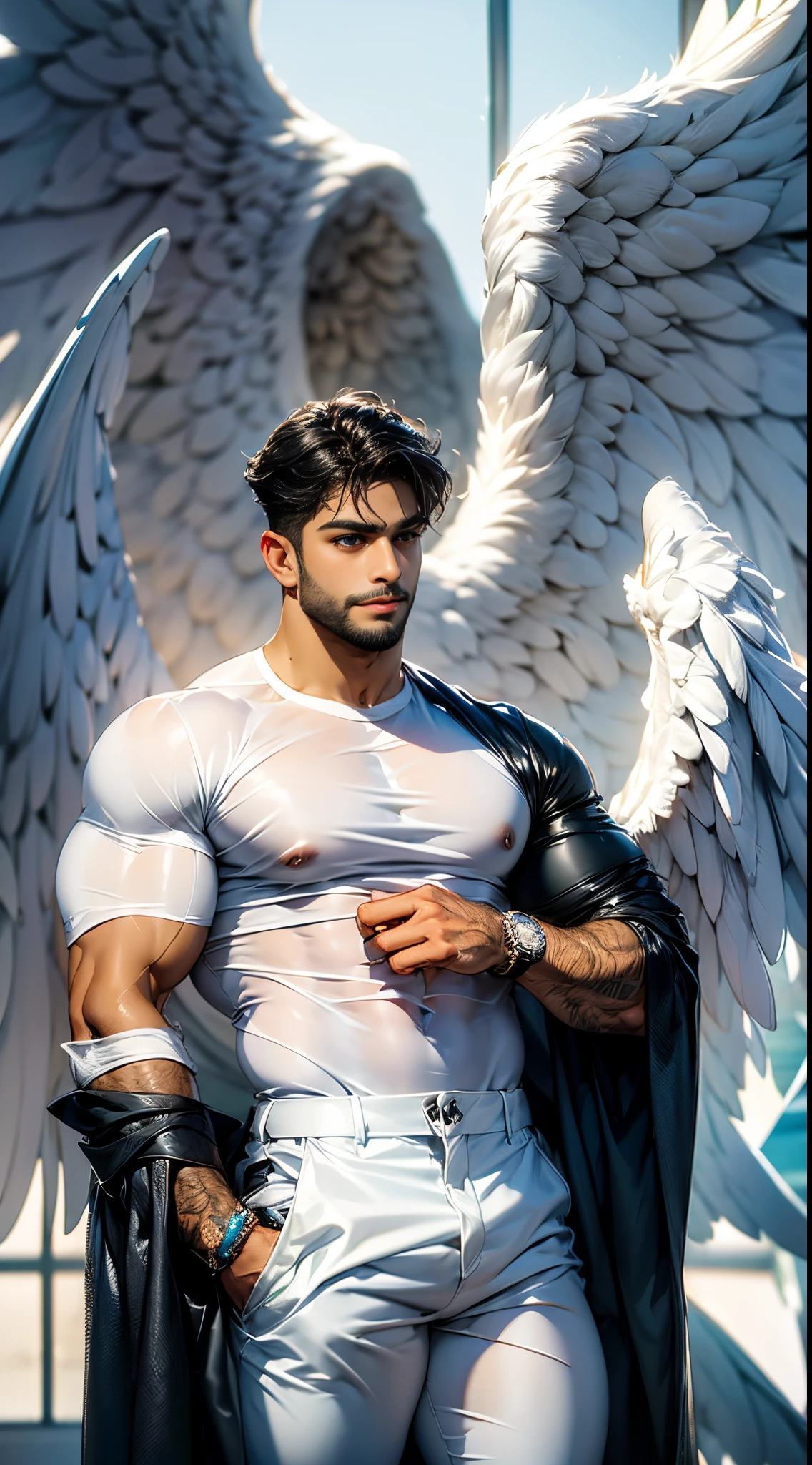 (best quality,ultra-detailed,realistic:1.37), Daegan Tronos Character(1), handsome, dark skin, dark-tanned, perfect wings angel, symmetrical wings,blue eyes,small beard, medium-long haircut,casual outfit, urban sports clothing, man stance, attractive,vibrant colors, modern cool outfit, fight punch pose.