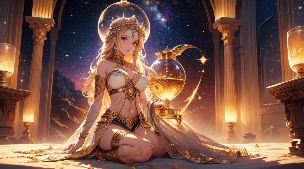 (masterpiece), (best quality), (highly detailed), (intricate details), 1 woman, beautiful goddess, goddess of time, (hourglass), sands of time, glittering sand, abstract, cosmic, celestial, fantasy, stars, galaxy, colorful