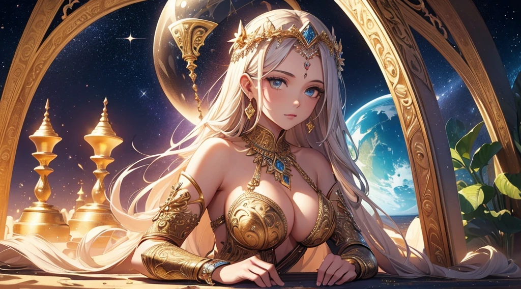 (masterpiece), (best quality), (highly detailed), (intricate details), 1 woman, beautiful goddess, goddess of time, (hourglass), sands of time, glittering sand, abstract, cosmic, celestial, fantasy, stars, galaxy, colorful