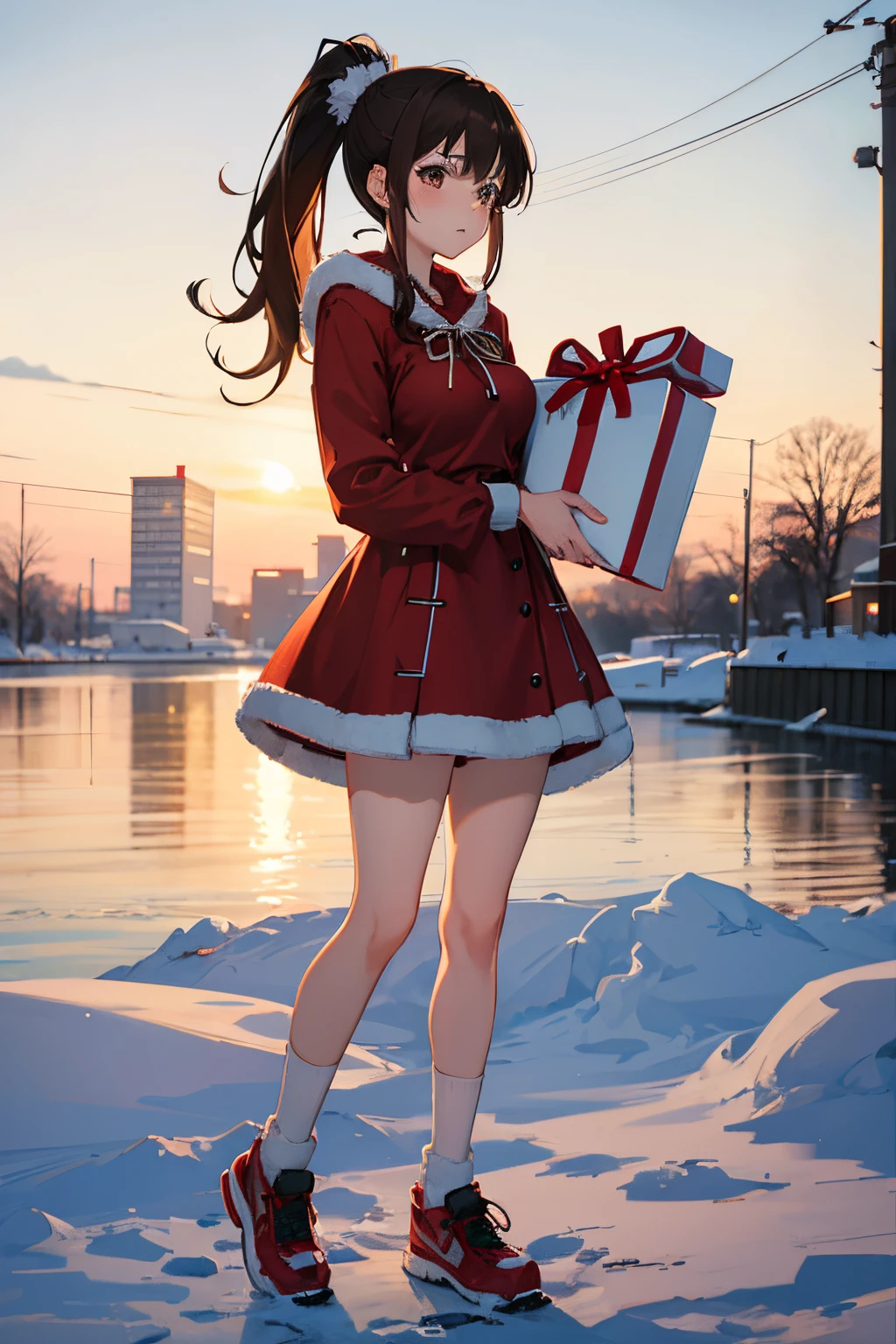 "anime girl, 1 person, dark brown hair, ponytail, ponytail, tied hair, brown eyes, socks, santa outfit, santa outfit, winter outfit, discreet, red dress,  big breasts, blushing, full body, snowfall, christmas gift box, christmas, solo, front view, (full HD 4K+ image)"