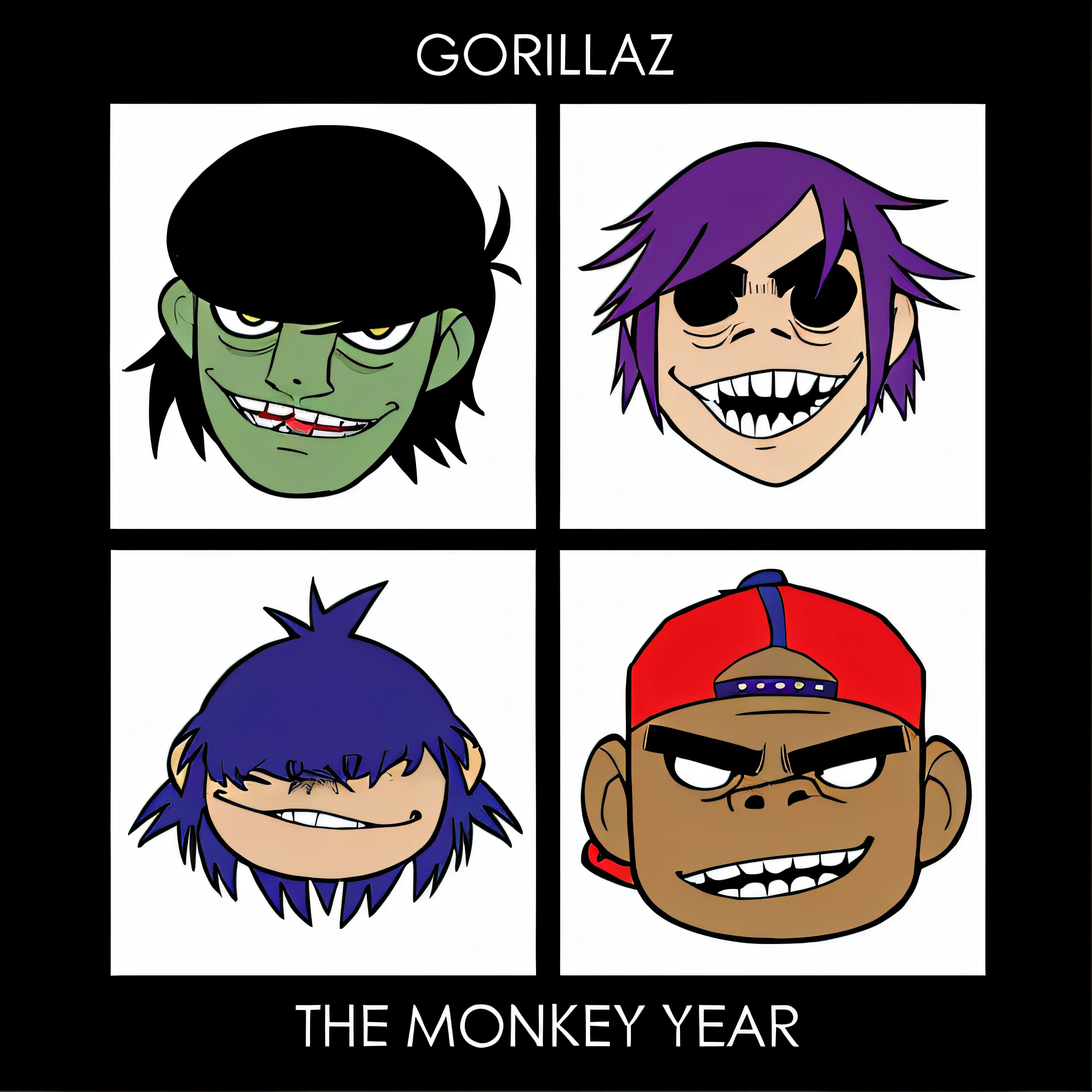 um desenho animado de quatro rostos diferentes de gorila e gorila, gorillaz album cover, Gorillaz Fase 1, Estilo gorila, gorila, Arte Gorillaz, 2 D Gorillaz, Gorillaz e Daft Punk Records, Demon Days, punk rock album cover art style, colored album art, Macaco, Gorrilaz, punk album cover, Macacos, cara como Macaco