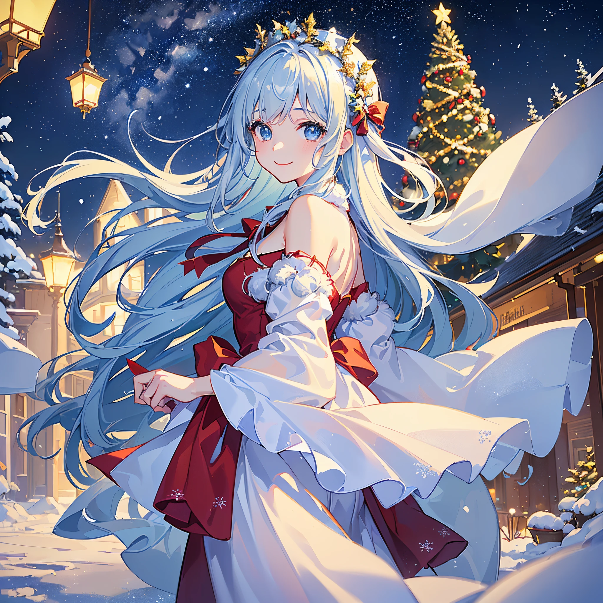 (masterpiece、top-quality、top-quality、Official art、(Beautifully Aesthetic:1.2)、(1girl in:1.3、(((Delicat eyes)))、Looks Back、snowflakes falling、nightcity、Christmas tree、Christmas Costumes、A smile、blur of light、starrysky、milkyway