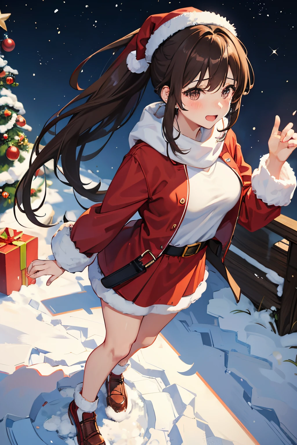 "anime girl, 1 person, dark brown hair, ponytail, ponytail, tied hair, brown eyes, socks, santa hat, santa outfit, santa outfit, winter outfit, naked unique, red dress, big breasts, blushing, full body, snowfall, christmas gift box, christmas, solo, front view, (full HD 4K+ image)"