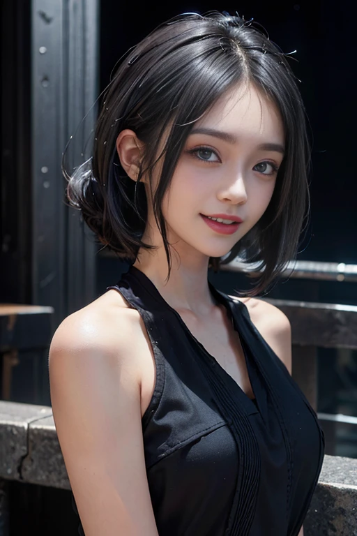a 20 yo woman、Black blue Hair、long twintail、Big smile、(hi-top fade:1.3)、dark themed、Muted Tones、Subdued Color、highly contrast、(natural skin textures、Hyper-Realism、Soft light、sharp)