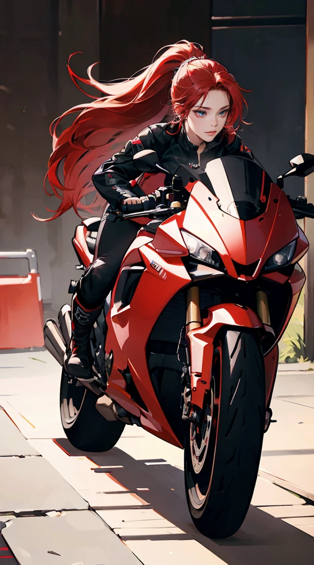 (Best Quality,4K,High resolution), Long ponytail hair woman with long black highlights on red hair keeping motorcycle in red metallic color、