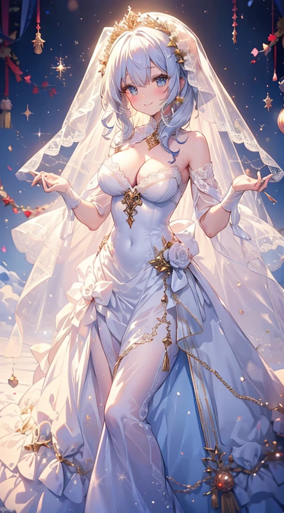 女の子1人、Santa Girl、Christmas、nigh sky、Christmas tree、It's snowing、、Too large breasts、cleavage of the breast、white wedding dress and lace cape 、white  hair、Twin-tailed、Fluffy and soft long hair、A sparkling Christmas night、stele々shining brightly、A smile、Golden Eyes、European streets decorated for Christmas、A sexy、Transparent、wedding dress、lace veil and tiara