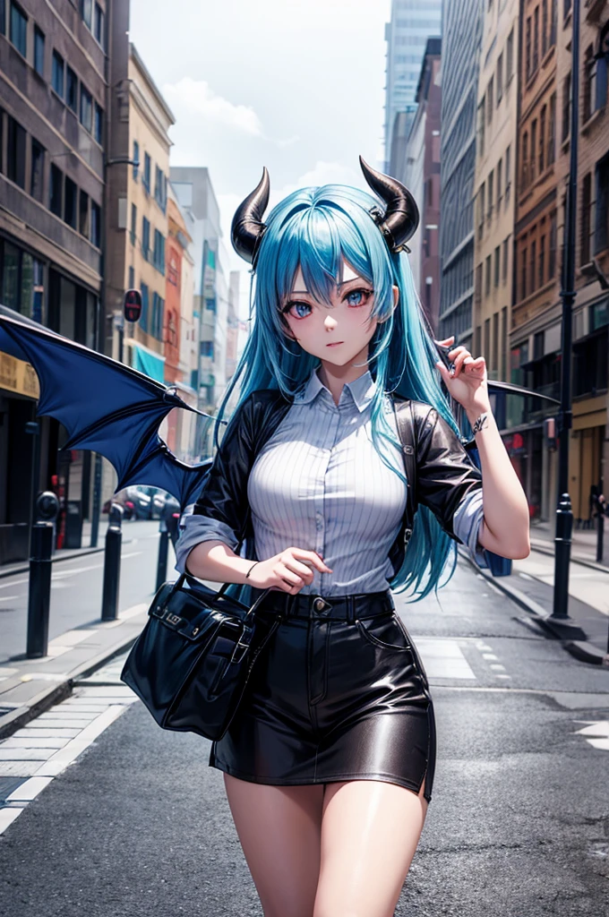 Anime girl with blue hair and horns on the street, 3D Realistic Anime, 2. 5 d cgi anime fantasy artwork, anime style 3D, Anime style. 8K, 4K Anime Style, Realistic anime in 3D style, deviantart artstation cgscosiety, digital anime art, Gwise Style Art Art, Detailed Digital Anime Art, White shirt, Dragon wings