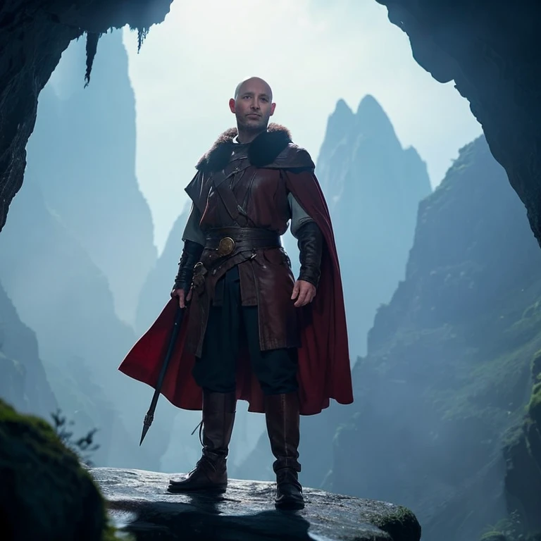 A middle-aged man in a fantasy world, bald on the top of the head, standing, full body