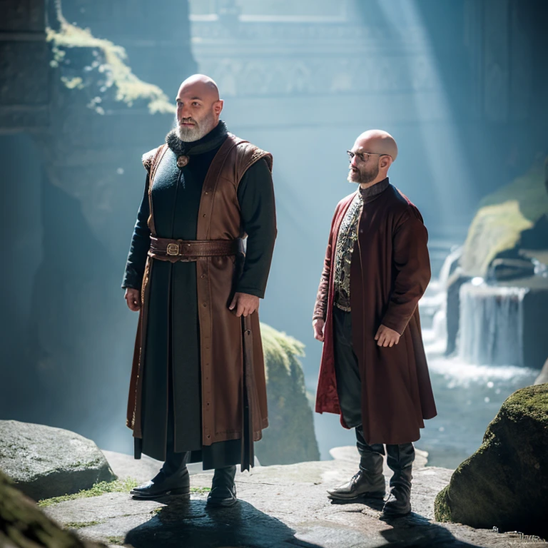 A middle-aged man in a fantasy world, bald on the top of the head, standing, full body