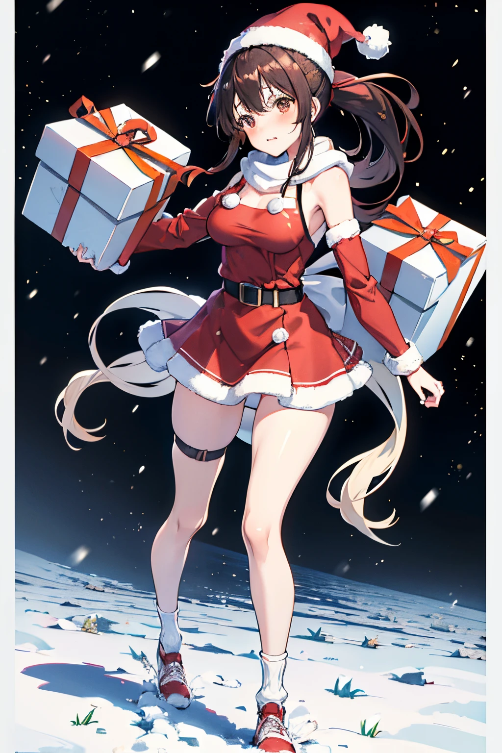 "anime girl, 1 person, dark brown hair, ponytail, ponytail, tied hair, brown eyes, socks, santa hat, santa outfit, santa outfit, winter outfit, naked  unique, red dress, big breasts, blushing, full body, snowfall, christmas gift box, christmas, solo, front view, (full HD 4K+ image)"