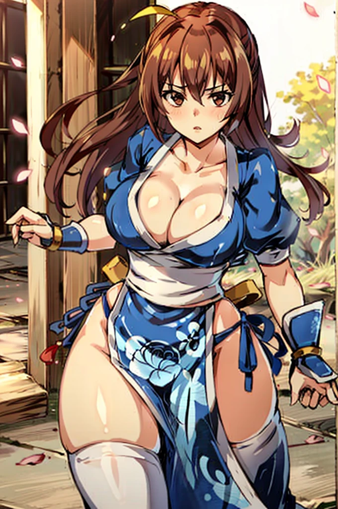 (masutepiece, Best Quality:1.3)
Kasumido, 1girl in, Solo, Long hair, breasts, Looking at Viewer, Bangs, Large breasts, Brown hair, thighs thighs thighs thighs, Dress, bow ribbon, cleavage, Brown eyes, medium breasts, Underwear, Standing, Panties, Hair Ribbon, braid, Short sleeves, Cowboy Shot, komono, Puffy sleeves, white thighhig, Puffy Short Sleeves, Lips, sash, pelvis curtain, Yellow Ribbon, Realistic, Nose, arm guards, The location