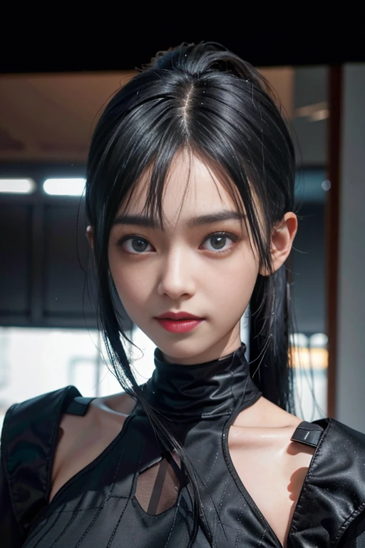a 20 yo woman、Black blue Hair、long twintail、Big smile、(hi-top fade:1.3)、dark themed、Muted Tones、Subdued Color、highly contrast、(natural skin textures、Hyper-Realism、Soft light、sharp)