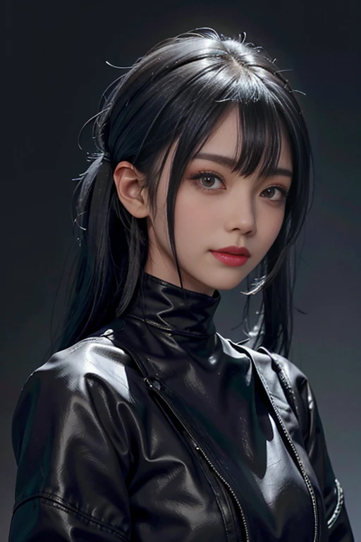 a 20 yo woman、Black blue Hair、long twintail、Big smile、(hi-top fade:1.3)、dark themed、Muted Tones、Subdued Color、highly contrast、(natural skin textures、Hyper-Realism、Soft light、sharp)