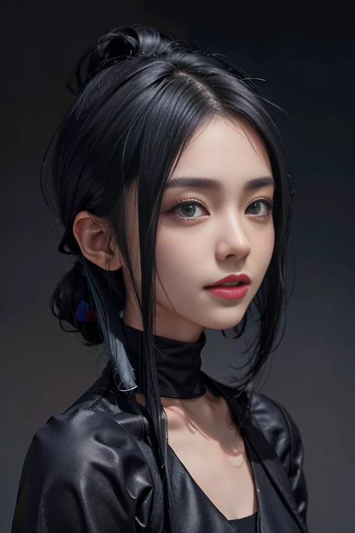 a 20 yo woman、Black blue Hair、long twintail、Big smile、(hi-top fade:1.3)、dark themed、Muted Tones、Subdued Color、highly contrast、(natural skin textures、Hyper-Realism、Soft light、sharp)