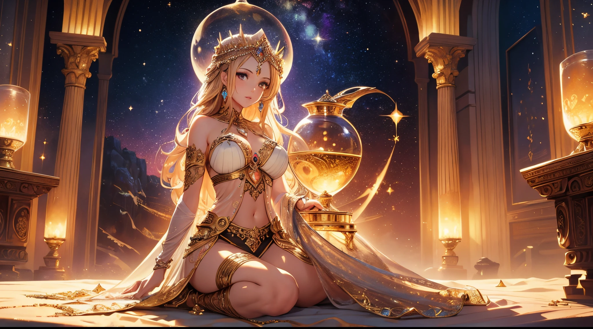a woman doing a light ritual at the edge of a crystalline water fountain in a palace with golden and chic decorations + close-up full-body showing, pose, cinematic, detailed pretty face, exquisite details, 8k UHD, ultimate brushing, master brushwork, trending on artstation, master drawing, masterpiece