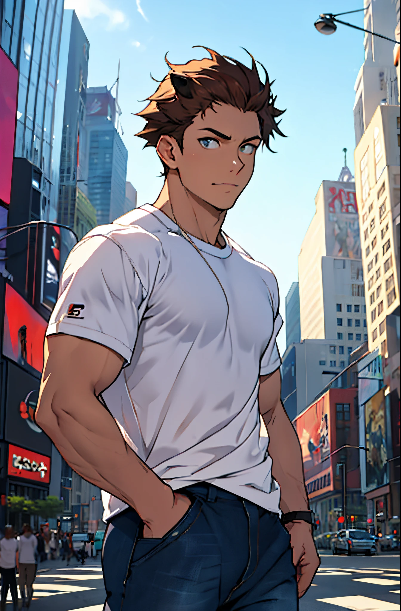 A mais alta qualidade, no meio de uma avenida movimentada estilo Times Square, inverno, apoiado em um dos postes, Hands in pants pockets , adolecente, lion men, wearing a T-shirt  , masculo, chest a little tight in the shirt , (angulo de baixo), pernas definidas, defined arms, abdomen definido, com a camisa,
