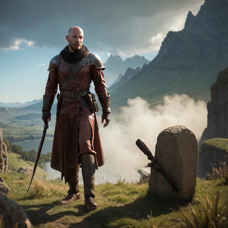 middle-aged man in fantasy world, bald on the top of the head, Standing, Full body