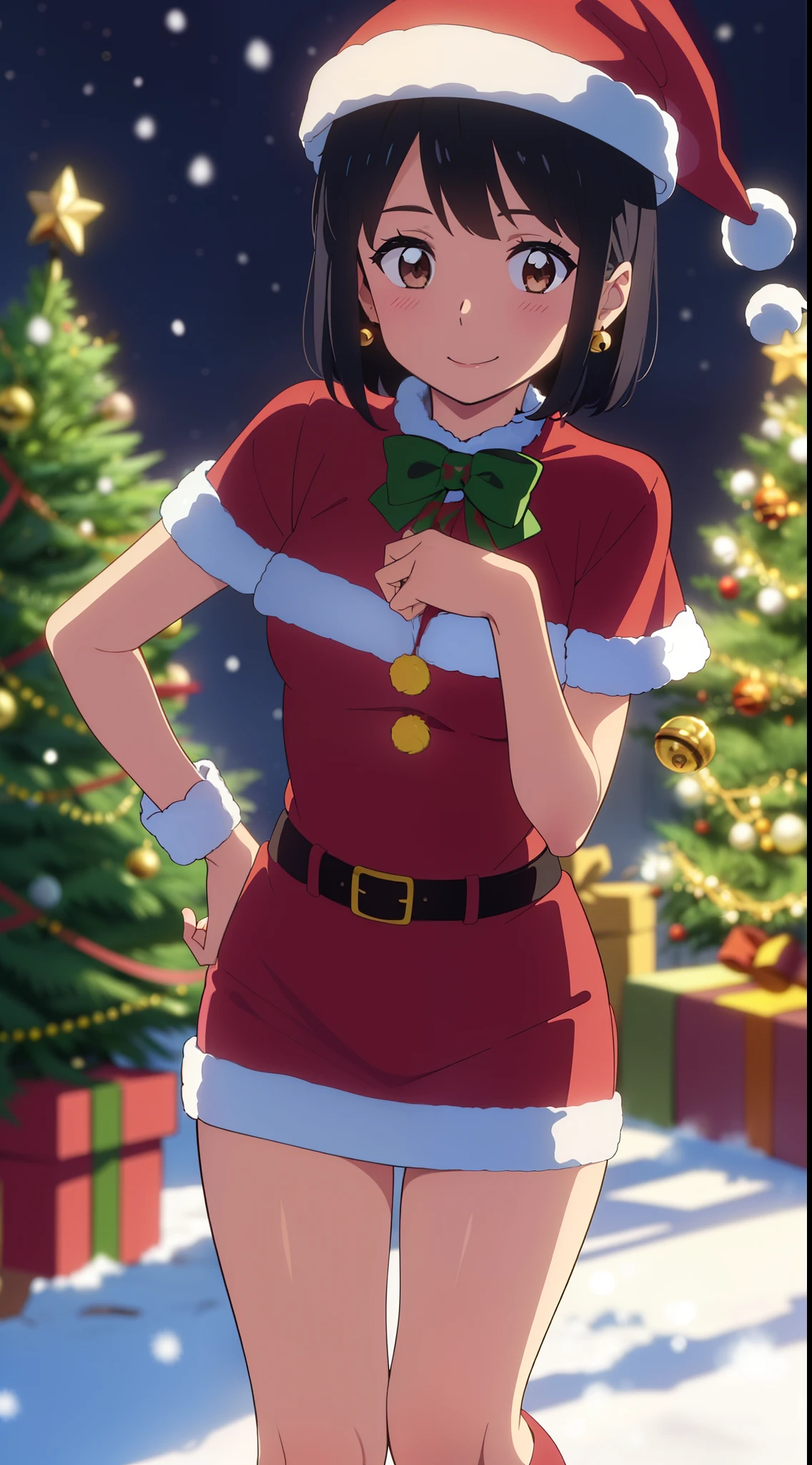 shinkai makoto, kimi no na wa., 1girl, bangs, black hair, blush, bright eyes, brown eyes, looking at the viewer, red bow, red ribbon, short hair, medium breasts, solo, outdoors, shiny skin, smile, happy, beautiful, parfect anatomy, perfect hands, Christmas tree, Santa Claus costume, Sweet face, Red and Green Christmas Dresses, short sleeves, jingle bell earrings, candy cane stockings, Against the background of winter scenery, perfect hands, Santa Claus hat, snow, steam, night
