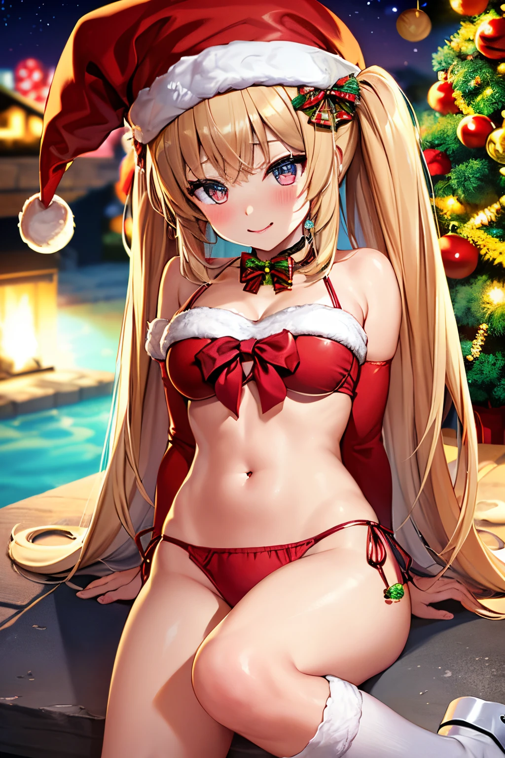 white haired neko girl, with cat eyes, close up, kawaii, santa bikini outfit, ahegao face, christmas tree.