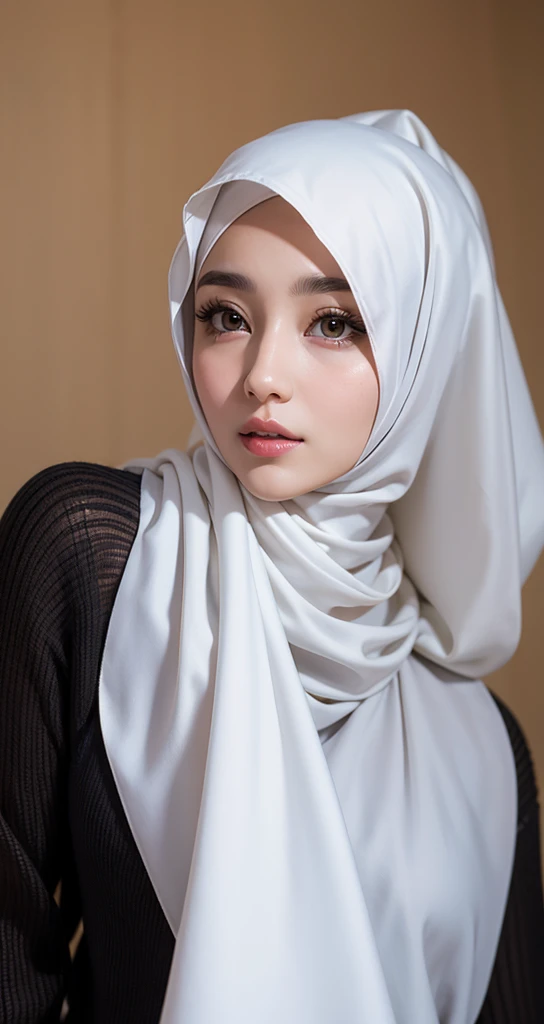 arafed woman wearing a white scarf and black shirt, white hijab, hijab, dilraba dilmurat, profile picture 1024px, inspired by Naza, inspired by Nazmi Ziya Güran, headshot profile picture, wearing white silk hood, high quality portrait, milky white skin, clear lips and high quality, close up potrait