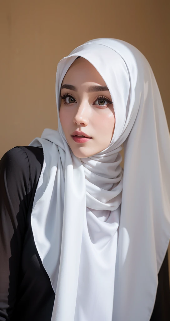 arafed woman wearing a white scarf and black shirt, white hijab, hijab, dilraba dilmurat, profile picture 1024px, inspired by Naza, inspired by Nazmi Ziya Güran, headshot profile picture, wearing white silk hood, high quality portrait, milky white skin, clear lips and high quality, close up potrait