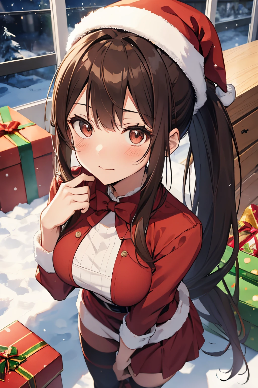 "anime girl, 1 person, dark brown hair, ponytail, ponytail, tied hair, brown eyes, socks, santa hat, santa outfit, santa outfit, winter outfit, red dress, big breasts, blushing, full body, snowfall, christmas gift box, christmas, solo, front view, (full HD 4K+ image)"
