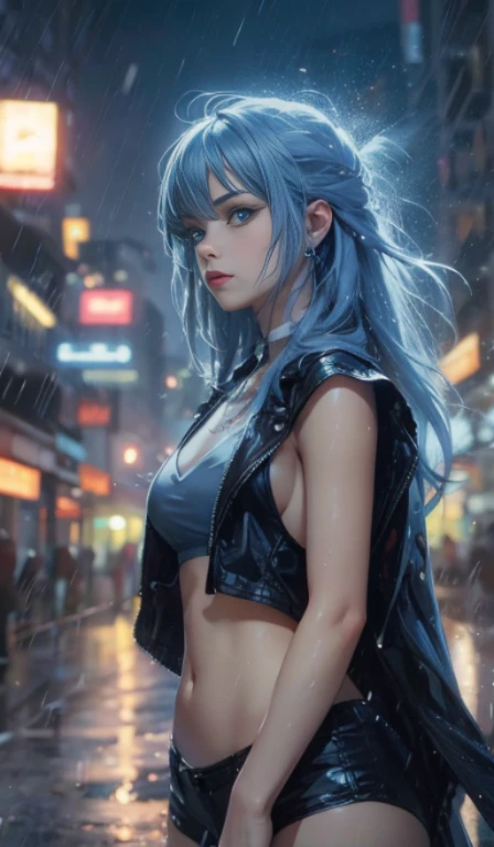 (photorealistic:1.8, highest quality:1.8,8K masterpiece:1.8,High resolution,muste piece:1.8,RAW Photos,cinematic lighting),No split screen, cyber punk、Highway at night、rain-soaked ground、
(1 android girl:1.3)、Completely naked、Full body tattoo、choker、beautiful breasts、T-shirt、denim micro mini skirt、beautiful butt,beautiful thighs,plump nipples、Nipples are visible through the costume,cameltoe,Body painting with a pop design drawn all over the body、pop art design、cutting edge fashion、conceptual art、
Provocative sexy poses、look back、spread your legs、
(Beautifully shining vermilion, blue, white and golden hair:1.5)、shining blue eyes、Shy Smile