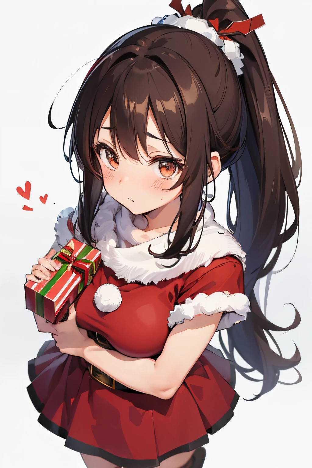 "anime girl, 1 person, dark brown hair, ponytail, ponytail, tied hair, brown eyes, socks, santa hat, santa outfit, santa outfit, winter outfit, red dress, big breasts, blushing, full body, snowfall, christmas gift box, christmas, solo, front view, (full HD 4K+ image)"