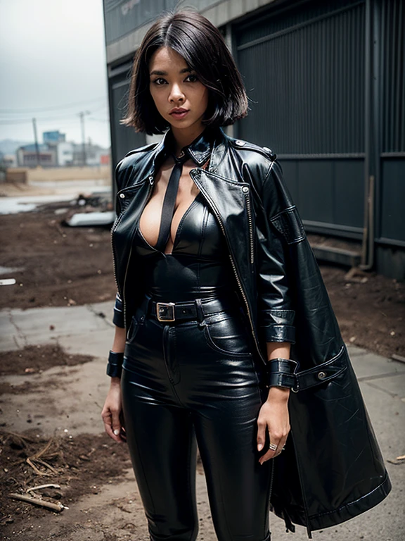 Super Black Woman,(masutepiece, Best Quality, ultra-detailliert, absurderes)1.5, 1girl in, (Sexy, Beautiful woman, Perfect face, Perfect eyes, Perfect female body, KKW-h-BB)1.5, (dora \(nikke\), Dradev, Suit, Jacket, Black Gloves, Black pants, neck tie, Black Ankle Boots, ), (standing in the middle of the wasteland, Science fiction), Perfect Lighting, Smooth, nffsw,large full breasts,short-haired