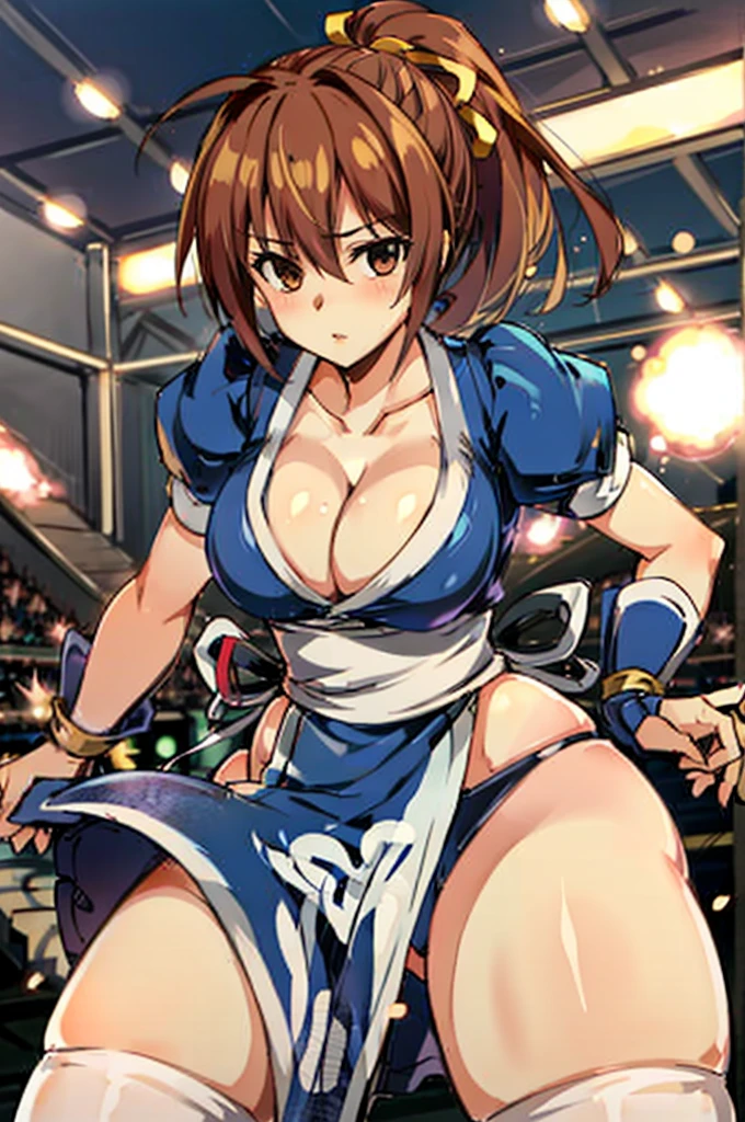 (masutepiece, Best Quality:1.3)
Kasumido, 1girl in, Solo, Long hair, breasts, Looking at Viewer, Bangs, Large breasts, Brown hair, thighs thighs thighs thighs, Dress, bow ribbon, cleavage, Brown eyes, medium breasts, Underwear, Standing, Panties, Hair Ribbon, braid, Short sleeves, Cowboy Shot, komono, Puffy sleeves, white thighhig, Puffy Short Sleeves, Lips, sash, pelvis curtain, Yellow Ribbon, Realistic, Nose, arm guards, arena