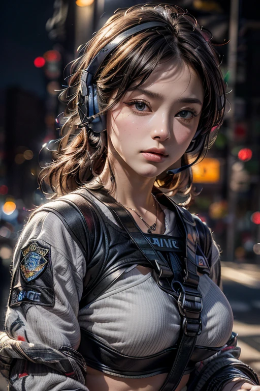Highest image quality, outstanding details, ultra-high resolution, (realism: 1.4), ((close up:0.75)), highly condensed 1lady, with beautiful and a delicate face, perfect proportion, (chubby:0.3, big breasts, loose waist), clothes color based on black, (wearing police uniform, wearing high-tech headset, military harness, holding a machine gun), captain, background gray wall,