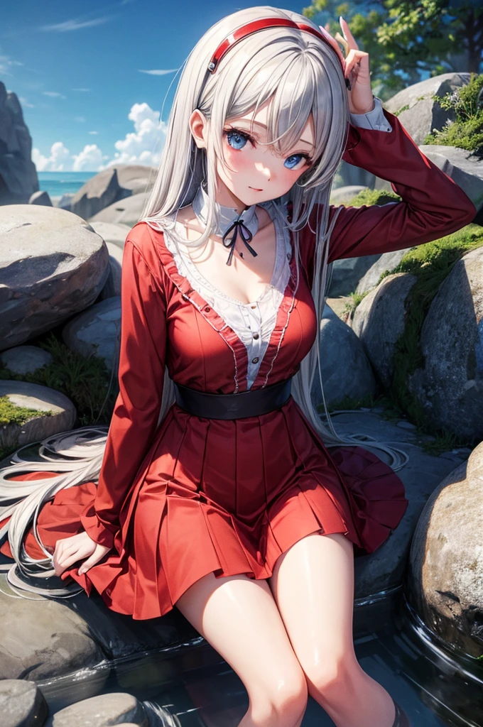 Realistic portrait. Photograph. High image quality. 4k。 Create an image of an adorable 12-year-old girl who is a wizard. She is a breathtaking beauty that attracts everyone's attention. She has long white hair and totemo striking red eyes. The chest is small, the legs are not thick. She wears a red dress that complements her appearance, underwear white pants. The skirt is short enough to reveal the pants, and she wears a headband on her head, symbolizing her in the shape of bat wings. Draw her in a pose that represents her magical powers. In the background is a magical forest and places decorated with magic symbols and runes, creating an enchanting atmosphere worthy of a wizard. Camel toe. Vagina. Nipple. Sit with your legs wide open. There are no feathers on the back.