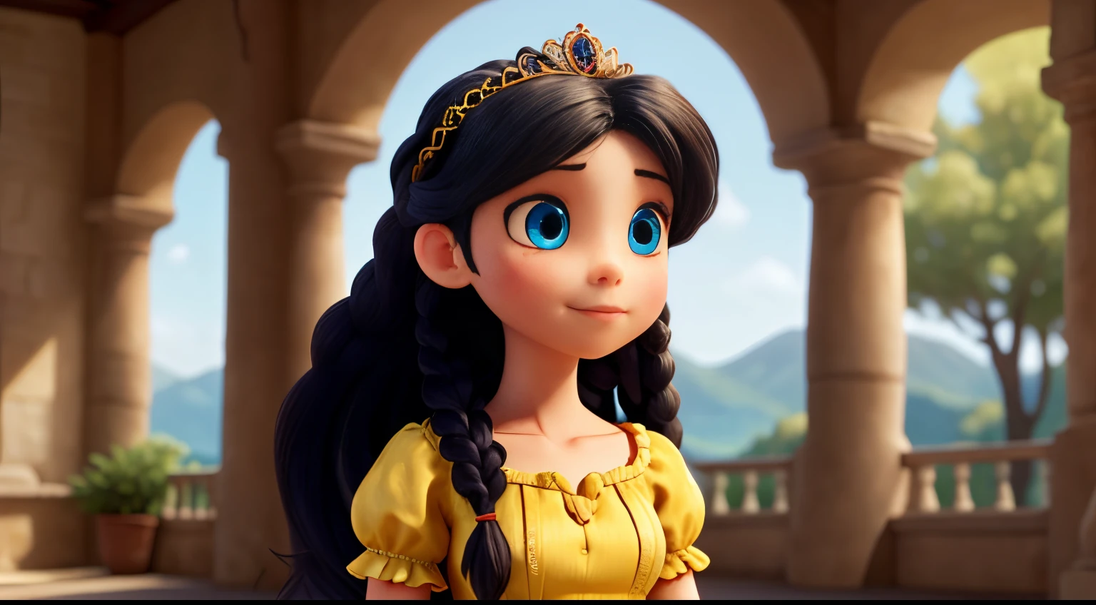 "The good princess has long black hair, blue eyes, fair skin, and wears a very modest yellow dress. She has two braids that cascade down to her shoulders, and the dress is made of tattered rags."