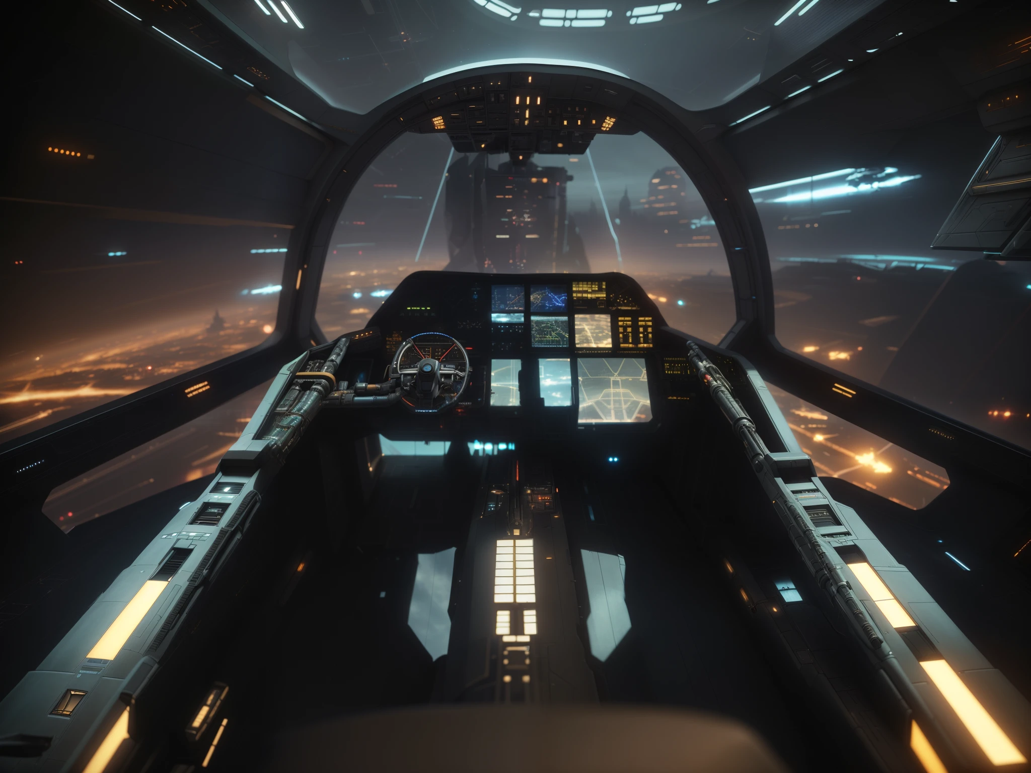 a close up of a cockpit with a view of a city, star citizen, inside future fighter, in a spaceship cockpit, star citizen digital art, star citizen origin 100i, star citizen halo, star citizen concept art, stunning visuals with rtx on, detailed spaceship interior, luminous cockpit, cockpit view, unreal engine'