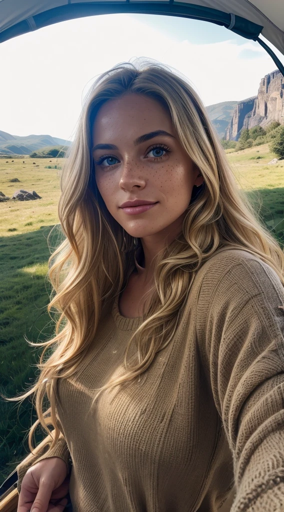 1 woman, American, beautiful, green eyes, light freckles, beautiful lips, honey blonde hair, long wavy and curly hair,((upper body selfie, happy)), Filming in a tent, Beautiful backlight, Tent Open Sign,Masterpiece, Best Quality, Ultra-detailed, Solo, exteriors, (natta), mountains, Nature, (sao, the moon) cheerful, happy,, Cosy in a sleeping bag, Inside the tent, When you open the tent, You can see some nice horsemen outside.., woods, rock formations, rivers, wood, smoke, shadowy, contrast, clear skies, analog style (looking up at viewer:1.2) (skin texture) (film grain:1.3), (warm hue, warm tone:1.2), close-up, Cinematic light, Sidelighting, The ultra-Highres, best shadows, ..raw, upper half body, wearing pullover, Relaxed and intimate photos, blonde hairs,