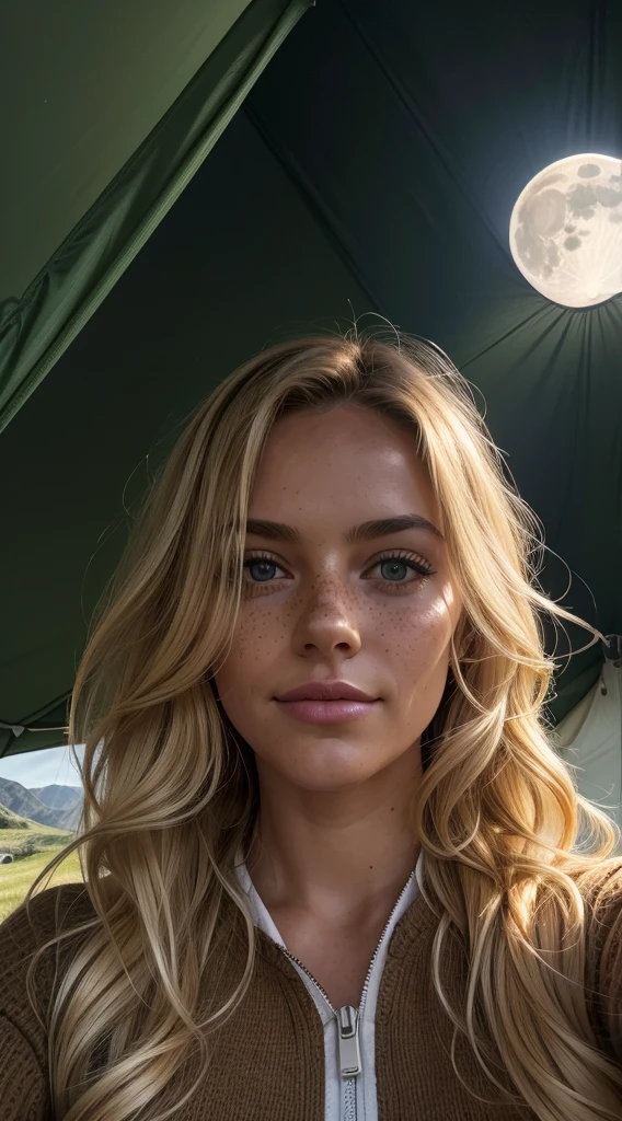 1 woman, American, beautiful, green eyes, light freckles, beautiful lips, honey blonde hair, long wavy and curly hair,((upper body selfie, happy)), Filming in a tent, Beautiful backlight, Tent Open Sign,Masterpiece, Best Quality, Ultra-detailed, Solo, exteriors, (natta), mountains, Nature, (sao, the moon) cheerful, happy,, Cosy in a sleeping bag, Inside the tent, When you open the tent, You can see some nice horsemen outside.., woods, rock formations, rivers, wood, smoke, shadowy, contrast, clear skies, analog style (looking up at viewer:1.2) (skin texture) (film grain:1.3), (warm hue, warm tone:1.2), close-up, Cinematic light, Sidelighting, The ultra-Highres, best shadows, ..raw, upper half body, wearing pullover, Relaxed and intimate photos, blonde hairs,
