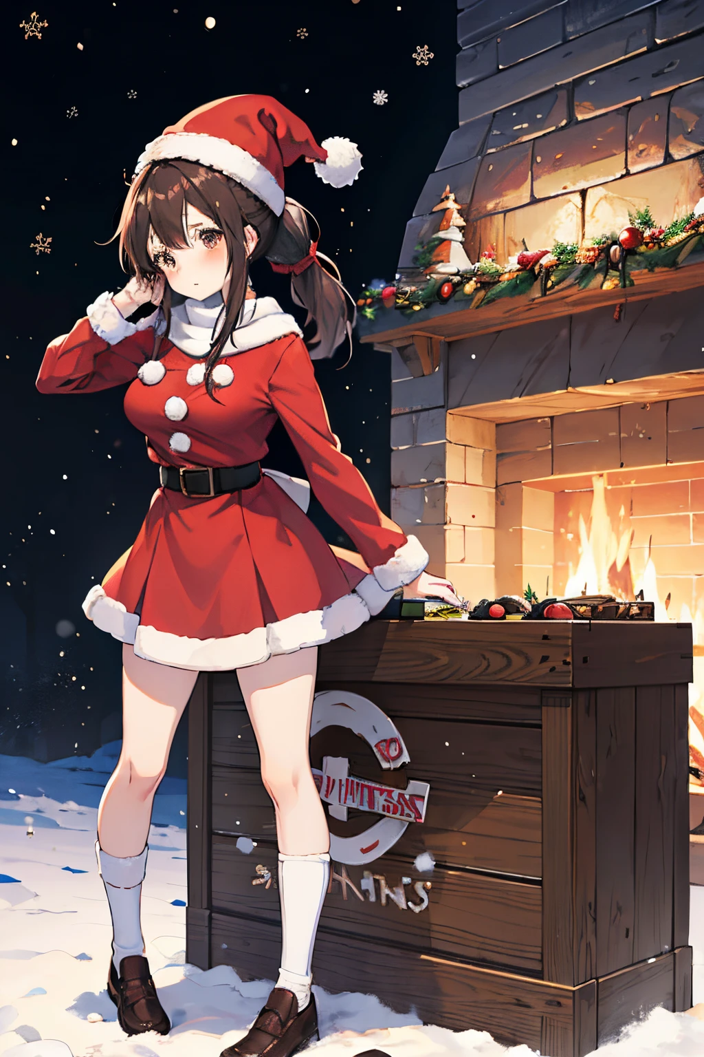 "anime girl, 1 person, dark brown hair, ponytail, ponytail, tied hair, brown eyes, socks, santa hat, santa outfit, santa outfit, winter outfit, red dress, big breasts, blushing, full body, snowfall, christmas gift box, christmas, solo, front view, (full HD 4K+ image)"